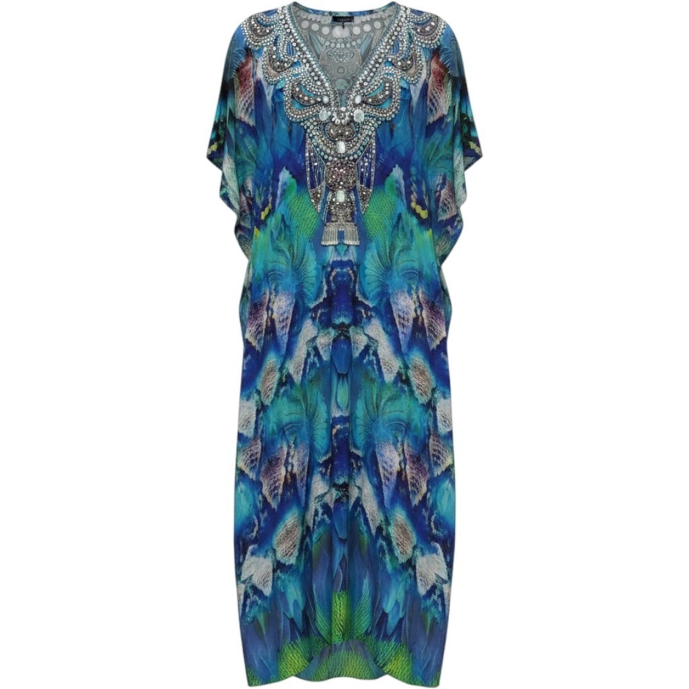 Sakkas Blue Peacock Feather Print Embellished Kaftan Maxi Dress OS Viscose Silk